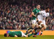 2 February 2019; Jonathan Sexton of Ireland goes to ground after being tackled by Courtney Lawes of England during the Guinness Six Nations Rugby Championship match between Ireland and England in the Aviva Stadium in Dublin. Photo by Brendan Moran/Sportsfile
