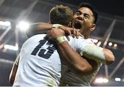 2 February 2019; Henry Slade of England celebrates after scoring his side's third try with teammate Manu Tuilagi during the Guinness Six Nations Rugby Championship match between Ireland and England in the Aviva Stadium in Dublin. Photo by Brendan Moran/Sportsfile