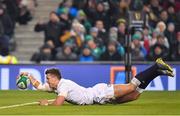 2 February 2019; Henry Slade of England dives over to score his side's fourth try during the Guinness Six Nations Rugby Championship match between Ireland and England in the Aviva Stadium in Dublin. Photo by Brendan Moran/Sportsfile