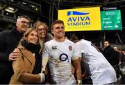 2 February 2019; Henry Slade of England pictured with, from left, his father John, his mother Jayne and his girlfriend Megan following the Guinness Six Nations Rugby Championship match between Ireland and England in the Aviva Stadium in Dublin. Photo by Brendan Moran/Sportsfile