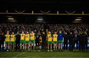 2 February 2019; Donegal players and management stand for a moments silence, as mark of respect to the recent victims of the road traffic accident in West Donegal, prior to the Allianz Football League Division 2 Round 2 match between Donegal and Meath at MacCumhaill Park in Ballybofey, Donegal. Photo by Stephen McCarthy/Sportsfile