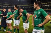 2 February 2019; Ireland players, from left, Dave Kilcoyne, Quinn Roux, Peter O’Mahony and Jonathan Sexton after the Guinness Six Nations Rugby Championship match between Ireland and England in the Aviva Stadium in Dublin. Photo by Brendan Moran/Sportsfile