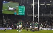 2 February 2019; Dejected Ireland players look on as a replay on the big screen shows Henry Slade of England scoring his side's fourth try during the Guinness Six Nations Rugby Championship match between Ireland and England in the Aviva Stadium in Dublin. Photo by Brendan Moran/Sportsfile