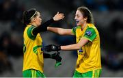 2 February 2019; Donegal players Geraldine McLaughlin, left, and Megan Ryan celebrate after the Lidl Ladies NFL Division 1 Round 1 match between Dublin and Donegal at Croke Park in Dublin. Photo by Piaras Ó Mídheach/Sportsfile