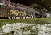 3 February 2019; The spare hurls from the Louth team sit amongst a spade and fork used to clear the snow off the pitch before the Allianz Hurling League Division 3A Round 2 match between Tyrone and Louth at Healy Park in Omagh, Tyrone. Photo by Oliver McVeigh/Sportsfile