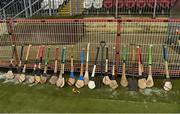 3 February 2019; The spare hurls from the Louth team sit amongst a spade and fork used to clear the snow off the pitch before the Allianz Hurling League Division 3A Round 2 match between Tyrone and Louth at Healy Park in Omagh, Tyrone. Photo by Oliver McVeigh/Sportsfile