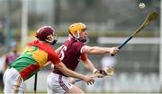 3 February 2019; Davey Glennon of Galway in action against Alan Corcoran of Carlow during the Allianz Hurling League Division 1B Round 2 match between Carlow and Galway at Netwatch Cullen Park in Carlow. Photo by Matt Browne/Sportsfile