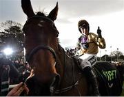 3 February 2019; Jockey Ruby Walsh celebrates after winning the Unibet Irish Gold Cup on Bellshill during Day Two of the Dublin Racing Festival at Leopardstown Racecourse in Dublin. Photo by Seb Daly/Sportsfile