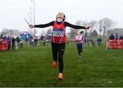 3 February 2019; Abaigh Moonan of Dundalk St. Gerards AC, Co. Louth, celebrates winning the U12 girls 4x500m relay during the Irish Life Health National Intermediate, Master, Juvenile B & Relays Cross Country at Dundalk IT in Dundalk, Co. Louth Photo by Harry Murphy/Sportsfile