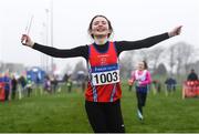 3 February 2019; Abaigh Moonan of Dundalk St. Gerards AC, Co. Louth, celebrates winning the U12 girls 4x500m relay during the Irish Life Health National Intermediate, Master, Juvenile B & Relays Cross Country at Dundalk IT in Dundalk, Co. Louth Photo by Harry Murphy/Sportsfile