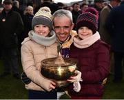 3 February 2019; Jockey Ruby Walsh celebrates with daughters Isabella, left, and Elsa, after winning the Unibet Irish Gold Cup on Bellshill during Day Two of the Dublin Racing Festival at Leopardstown Racecourse in Dublin. Photo by Seb Daly/Sportsfile