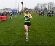 3 February 2019; Sarah Brady of North Leitrim AC, Co. Leitrim, celebrates winning the Girls U17 3000m during the Irish Life Health National Intermediate, Master, Juvenile B & Relays Cross Country at Dundalk IT in Dundalk, Co. Louth. Photo by Harry Murphy/Sportsfile
