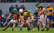 3 February 2019; Gary Cooney of Clare in action against Kilkenny players, from left, Tommy Walsh, Conor Browne, Paddy Deegan and Paul Murphy of Kilkenny during the Allianz Hurling League Division 1A Round 2 match between Clare and Kilkenny at Cusack Park in Ennis, Co. Clare. Photo by Brendan Moran/Sportsfile