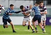 3 February 2019; Senan Noone of Clongowes Wood College is tackled by Conor Watt, left, and Sam Wisniewski of Castleknock College during the Bank of Ireland Leinster Schools Junior Cup Round 1 match between Clongowes Wood College and Castleknock College at Energia Park in Dublin. Photo by Daire Brennan/Sportsfile