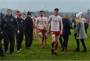3 February 2019; Tyrone manager Mickey Harte, second from left, with Paudie Hampsey, 14, and Rory Brennan, 6, of Tyrone as they leave the field after the Allianz Football League Division 1 Round 2 match between Tyrone and Mayo at Healy Park in Omagh, Tyrone. Photo by Oliver McVeigh/Sportsfile