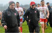 3 February 2019; Tyrone manager Mickey Harte, second from right, and selector Gavin Devlin, left, leave the field along with players Ronan McNamee, 3, and Paudie Hampsey, 14, after the Allianz Football League Division 1 Round 2 match between Tyrone and Mayo at Healy Park in Omagh, Tyrone. Photo by Oliver McVeigh/Sportsfile