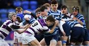 3 February 2019; Gavin Murphy-O'Kane of Castleknock College is tackled by Harry MacGoey of Clongowes Wood College during the Bank of Ireland Leinster Schools Junior Cup Round 1 match between Clongowes Wood College and Castleknock College at Energia Park in Dublin. Photo by Daire Brennan/Sportsfile