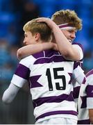 3 February 2019; Clongowes Wood College players Shane McNulty, left, and James Ruddy celebrate after the Bank of Ireland Leinster Schools Junior Cup Round 1 match between Clongowes Wood College and Castleknock College at Energia Park in Dublin. Photo by Daire Brennan/Sportsfile
