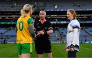 2 February 2019; Referee Niall McCormack with team captains Karen Guthrie of Donegal and Ciara Trant of Dublin before the Lidl Ladies NFL Division 1 Round 1 match between Dublin and Donegal at Croke Park in Dublin. Photo by Piaras Ó Mídheach/Sportsfile