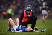 3 February 2019; Killian Clarke of Cavan is attended to by Cavan physiotherapist Barry Smith during the Allianz Football League Division 1 Round 2 match between Cavan and Kerry at Kingspan Breffni in Cavan. Photo by Stephen McCarthy/Sportsfile
