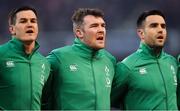 2 February 2019; Ireland players, from left, Jonathan Sexton, Peter O’Mahony and Conor Murray during the national anthem prior to the Guinness Six Nations Rugby Championship match between Ireland and England in the Aviva Stadium in Dublin. Photo by Brendan Moran/Sportsfile