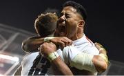 2 February 2019; Manu Tuilagi of England celebrates with team-mate Henry Slade after he scored their side's third try during the Guinness Six Nations Rugby Championship match between Ireland and England in the Aviva Stadium in Dublin. Photo by Brendan Moran/Sportsfile
