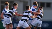 4 February 2019; Jamie McLoughlin of Blackrock College in action against Belvedere College players, from left, Ewan Smith, Conor Bateman, and Senan Coakley during the Bank of Ireland Leinster Schools Junior Cup Round 1 match between Blackrock College and Belvedere College at Energia Park in Dublin. Photo by Piaras Ó Mídheach/Sportsfile