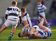 4 February 2019; Louis Gaughan of Belvedere College, supported by team-mate Michael Carmody, 12, in action against Zach Quirke, behind, and Hugh Cooney of Blackrock College during the Bank of Ireland Leinster Schools Junior Cup Round 1 match between Blackrock College and Belvedere College at Energia Park in Dublin. Photo by Piaras Ó Mídheach/Sportsfile