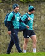 5 February 2019; Will Addison, left, and Joey Carbery arrive for Ireland Rugby squad training at Carton House in Maynooth, Co. Kildare. Photo by Ramsey Cardy/Sportsfile