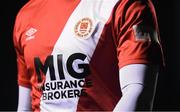1 February 2019; A detailed view of the St Patrick's Athletic crest on their jersey during the pre-season friendly match between Shelbourne and St Patrick's Athletic at the AUL Complex in Clonshaugh, Dublin. Photo by Stephen McCarthy/Sportsfile