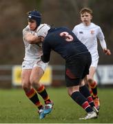 5 February 2019; William Seymour of Presentation College Bray is tackled by Warren MacWilliam of Wesley College during the Bank of Ireland Leinster Schools Junior Cup Round 1 match between Wesley College and Presentation College Bray at Kirwan Park in Dublin. Photo by Eóin Noonan/Sportsfile