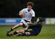 5 February 2019; Sean Quinn of Presentation College Bray is tackled by Reid Cockrell of Wesley College during the Bank of Ireland Leinster Schools Junior Cup Round 1 match between Wesley College and Presentation College Bray at Kirwan Park in Dublin. Photo by Eóin Noonan/Sportsfile