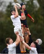 5 February 2019; Brandon Murphy-Morgan of Presentation College Bray in action against Oran Handley of Wesley College during the Bank of Ireland Leinster Schools Junior Cup Round 1 match between Wesley College and Presentation College Bray at Kirwan Park in Dublin. Photo by Eóin Noonan/Sportsfile