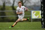 5 February 2019; Sam Nolan of Presentation College Bray scores his side's first try during the Bank of Ireland Leinster Schools Junior Cup Round 1 match between Wesley College and Presentation College Bray at Kirwan Park in Dublin. Photo by Eóin Noonan/Sportsfile