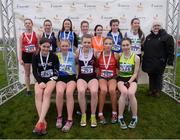3 February 2019; Athletics Ireland President Georgina Drumm pictured with the first12 Girls U17 3000m runners during the Irish Life Health National Intermediate, Master, Juvenile B & Relays Cross Country at Dundalk IT in Dundalk, Co. Louth Photo by Harry Murphy/Sportsfile