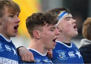 27 January 2019; St Mary's College players, left to right, Seanan Devereux, Joshua Coolican, and Craig Walshe after the the Bank of Ireland Leinster Schools Senior Cup Round 1 match between St Mary's College and Terenure College at Energia Park in Dublin. Photo by Daire Brennan/Sportsfile