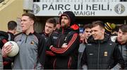 3 February 2019; Fionn McDonagh, Aidan O'Shea, and Michael Plunkett of Mayo watching the hurling game before the Allianz Football League Division 1 Round 2 match between Tyrone and Mayo at Healy Park in Omagh, Tyrone. Photo by Oliver McVeigh/Sportsfile