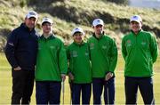 6 February 2019; Irish golf legend Padraig Harrington meets Team Ireland Dublin's golfers, from left, Mark Claffey, from Blackrock, Phyl Kelleher, from Rathfarnham, Andrew Simington, from Dalkey, and John Keating, from Templeogue, at the Portmarnock Links Hotel in Portmarnock, Co Dublin. Photo by Piaras Ó Mídheach/Sportsfile