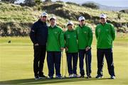 6 February 2019; Irish golf legend Padraig Harrington meets Team Ireland Dublin's golfers, from left, Mark Claffey, from Blackrock, Phyl Kelleher, from Rathfarnham, Andrew Simington, from Dalkey, and John Keating, from Templeogue, at the Portmarnock Links Hotel in Portmarnock, Co Dublin. Photo by Piaras Ó Mídheach/Sportsfile