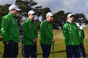 6 February 2019; Team Ireland golfers, from left, John Keating, from Templeogue, Co Dublin, Andrew Simington, from Dalkey, Co Dublin, Simon Lowry, from Loughrea, Co Galway, and Mark Claffey, from Blackrock, Co Dublin, as Irish golf legend Padraig Harrington meets Team Ireland golfers at the Portmarnock Links Hotel in Portmarnock, Co Dublin.  Photo by Piaras Ó Mídheach/Sportsfile