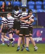 6 February 2019; Terenure College players, left to right, Yago Fernández Vilar, Adam Clarke, and Darragh Brooks celebrate at the final whistle after the Bank of Ireland Leinster Schools Junior Cup Round 1 match between St Mary's College and Terenure College at Energia Park in Donnybrook, Dublin. Photo by Daire Brennan/Sportsfile