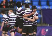 6 February 2019; Terenure College players, left to right, Yago Fernández Vilar, Adam Clarke, and Darragh Brooks celebrate at the final whistle after the Bank of Ireland Leinster Schools Junior Cup Round 1 match between St Mary's College and Terenure College at Energia Park in Donnybrook, Dublin. Photo by Daire Brennan/Sportsfile