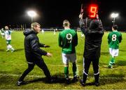 6 February 2019; Republic of Ireland U21 manager Stephen Kenny speaks to second half substitute Michael O'Connor during the friendly match between Republic of Ireland U21's Homebased Players and Republic of Ireland Amateur at Home Farm FC in Whitehall, Dublin. Photo by Stephen McCarthy/Sportsfile