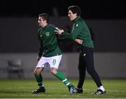 6 February 2019; Zach Elbouzedi of Republic of Ireland U21's and Republic of Ireland U21's assistant coach Keith Andrews during the warm up prior to the friendly match between Republic of Ireland U21's Homebased Players and Republic of Ireland Amateur at Home Farm FC in Whitehall, Dublin. Photo by Stephen McCarthy/Sportsfile