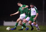 6 February 2019; Neil Farrugia of Republic of Ireland U21's has his jersey pulled by Christopher McCarthy of Republic of Ireland Amateurs during the friendly match between Republic of Ireland U21's Homebased Players and Republic of Ireland Amateur at Home Farm FC in Whitehall, Dublin. Photo by Stephen McCarthy/Sportsfile