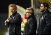 5 February 2019; Dundalk management, from left, head coach Vinny Perth, first team coach John Gill and assistant head coach Ruaidhri Higgins during the pre-season friendly match between Dundalk and Longford Town at Oriel Park in Dundalk, Louth. Photo by Ben McShane/Sportsfile