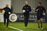 5 February 2019; Dundalk goalkeepers Gary Rogers, left, and Aaron McCarey of Dundalk warm-up with goalkeeping coach Steve Williams, right, prior to the pre-season friendly match between Dundalk and Longford Town at Oriel Park in Dundalk, Louth. Photo by Ben McShane/Sportsfile