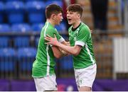 7 February 2019; David Colbert of Gonzaga College, right, celebrates with Toby Hammond during the Bank of Ireland Leinster Schools Junior Cup Round 1 match between Gonzaga College and Kilkenny College at Energia Park in Donnybrook, Dublin. Photo by Harry Murphy/Sportsfile