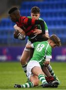 7 February 2019; Tyrone Adeniranye of Kilkenny College is tackled by Luke Hassett and Hugh Goddard of Gonzaga College during the Bank of Ireland Leinster Schools Junior Cup Round 1 match between Gonzaga College and Kilkenny College at Energia Park in Donnybrook, Dublin. Photo by Harry Murphy/Sportsfile