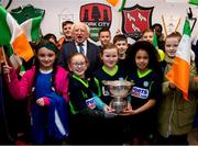 8 February 2019;  Aviva Soccer Sisters, from left,  Ruby Dunwoody, Holly Warren, Erin McDonagh, holding The President's Cup in the company of President Michael D Higgins, at the FAI Headquarters in Abbottstown, Dublin, in advance of the Saturday’s 2019 President’s Cup Final, 9th February, at Turners Cross, between Cork City and Dundalk. Photo by Stephen McCarthy/Sportsfile